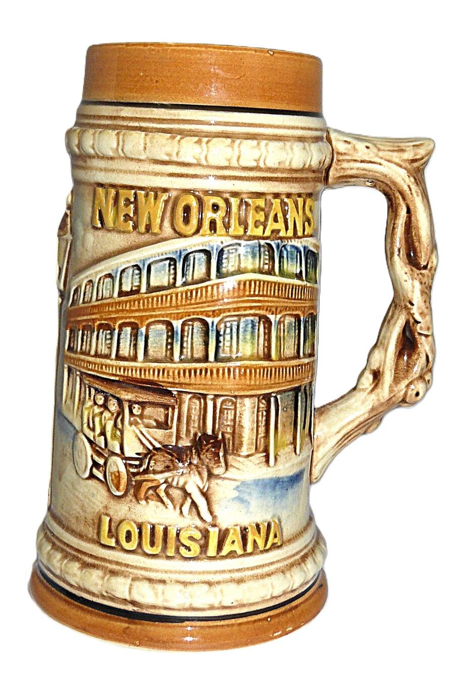 Vtg New Orleans French Quarter Ceramic Stein Mug  Embossed Bourbon St Mardi Gras